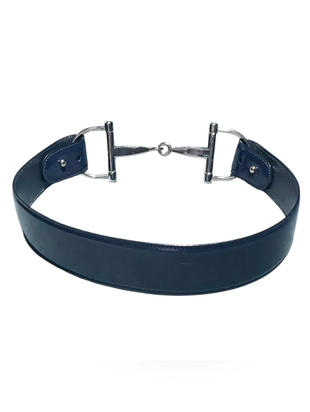 Gucci Wide Navy Leather Belt with Silver Horsebit Accent
